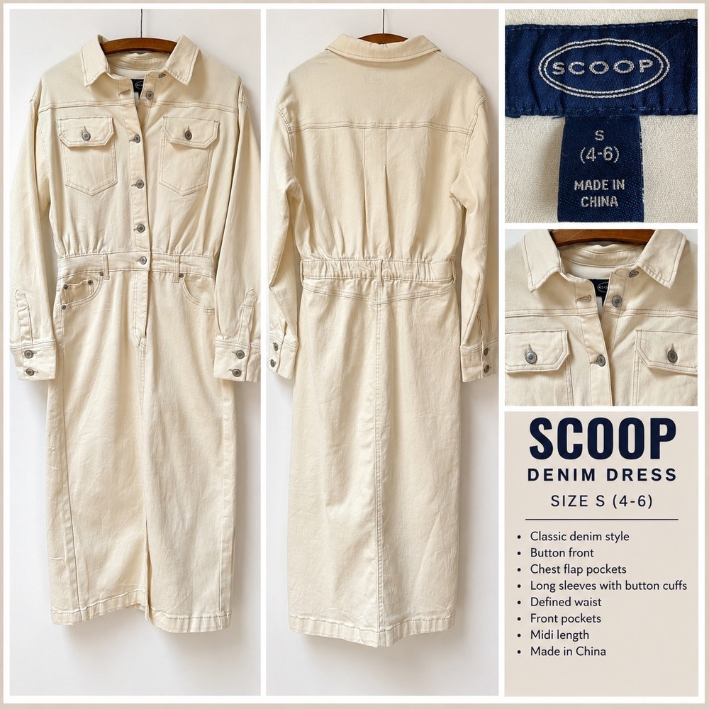 Scoop Womens Denim Midi Dress Off White Ecru Button Front Utility Size S 4-6